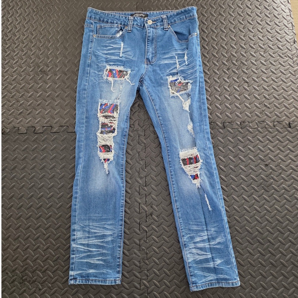 Smoke & Ash Mens Distressed Graphic Patch Slim Straight Jeans Medium Wash Blue